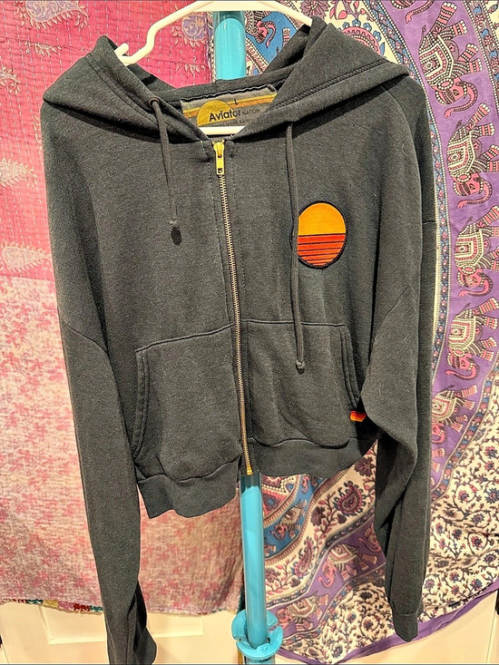Aviator Nation Tops - Aviator Nation Sunset Patch Relaxed Cropped Zip Hoodie Black